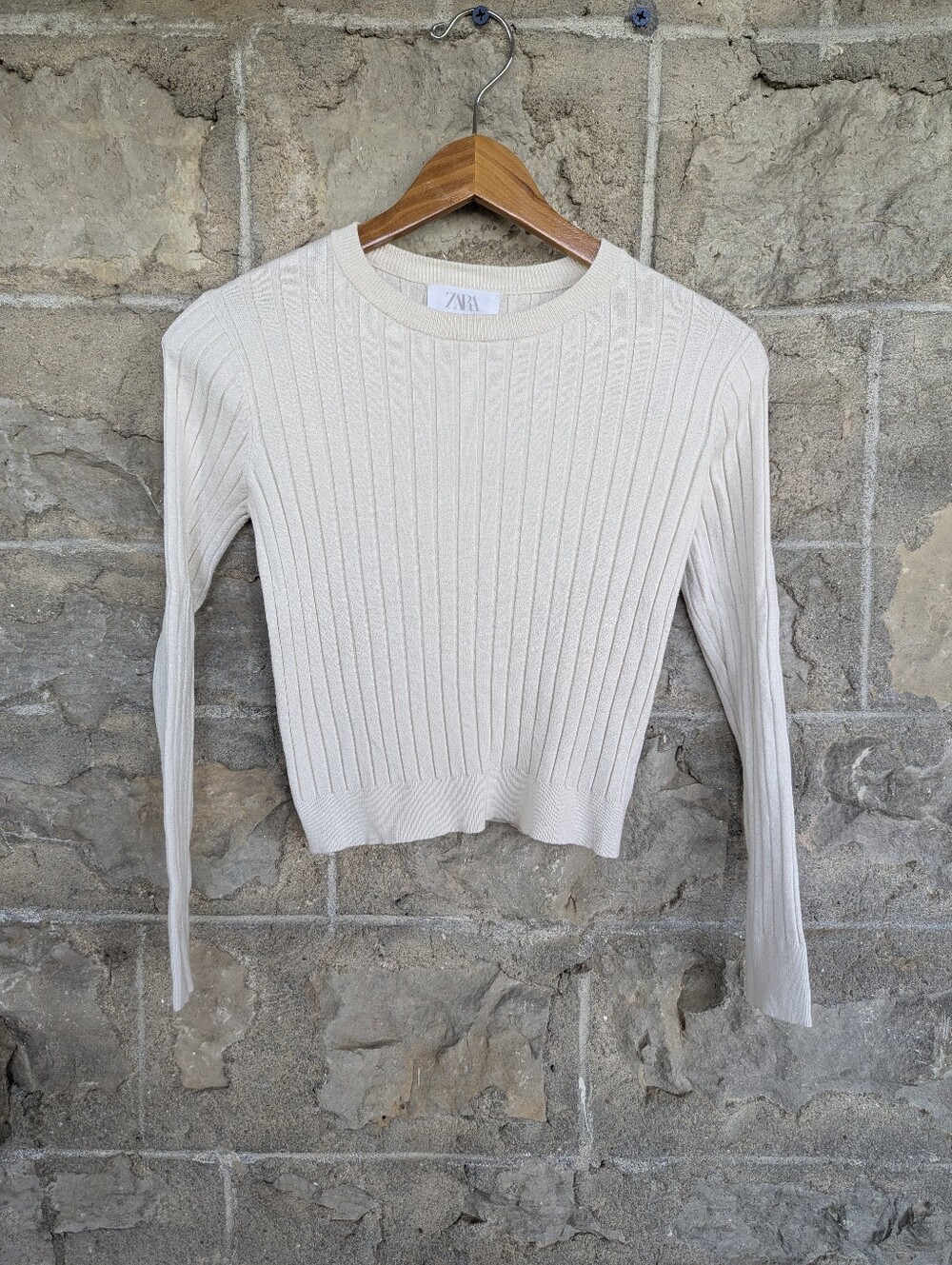 Zara Girls Ribbed Fitted Long Sleeve Top Crew Neck Knit Cream Cropped